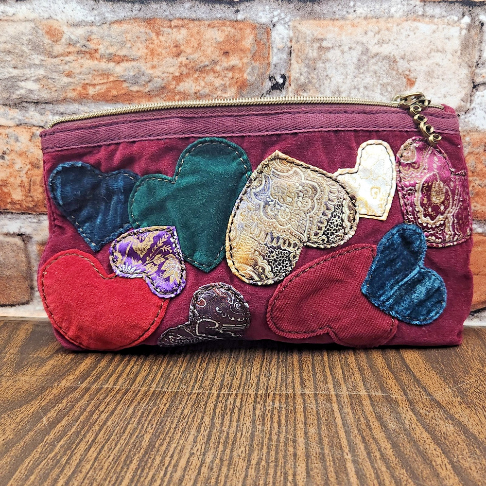 Lucky Brand Burgundy Velvet Heart Clutch Purse Peace Charm Boho Patchwork Zip